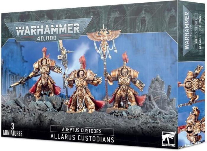 This multi-part plastic kit contains the components necessary to assemble a 3-model squad of Allarus Custodians