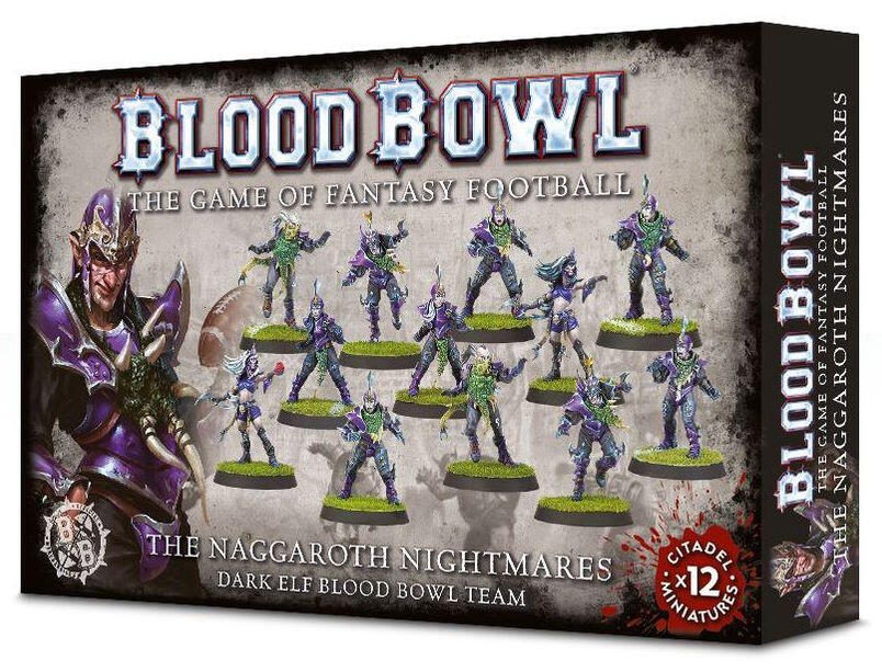 Et Dark Elf Blood Bowl-hold, komplet med turmarkører, bolde og dobbeltsidede scoremønter!