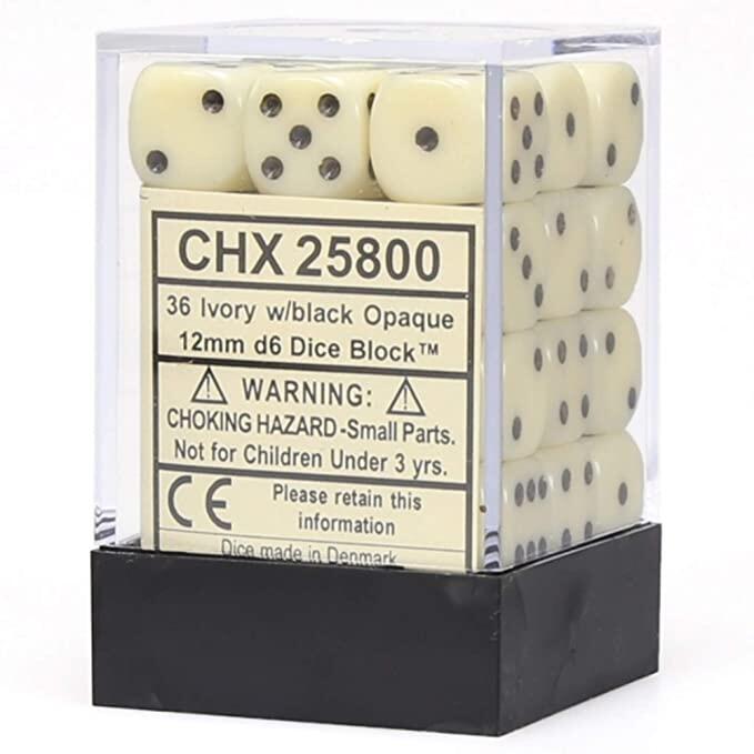 Chessex 12mm Seks-sidede Terninger - Elfenben med Sort - En boks med 36 terninger til ethvert formål