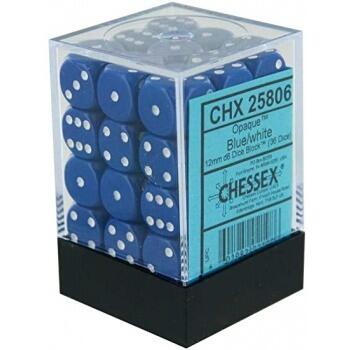 Chessex 12mm Seks-sidede Terninger - Blå med Hvid - Indeholder 36 terninger