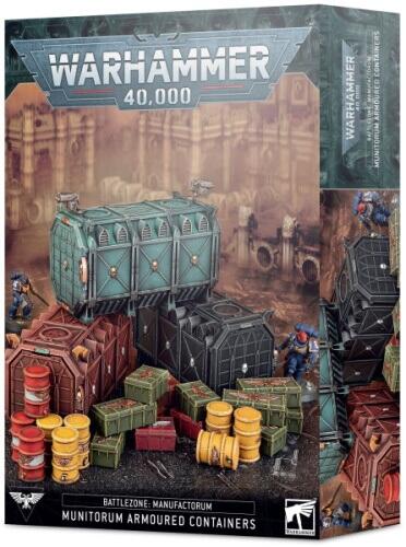 Dette terræn sæt til Warhammer 40k består af pansrede containere, springfarlige tønder og supply kasser, til kreativt at opbygge slagmarker.
