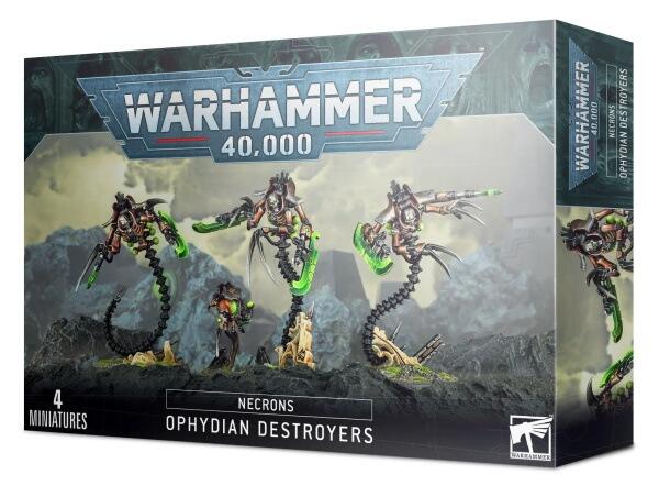 Dette sæt med tre Ophydian Destroyers venter bare på at blive sluppet løs med din necron hær, i hektiske Warhammer 40k spil.
