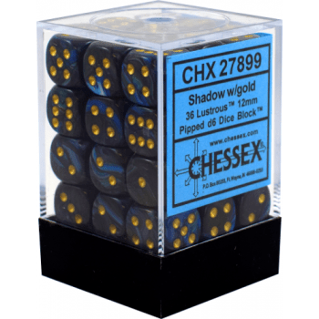 Chessex 12 mm Dice Block – Lustrous, Shadow med Guld indeholder 36 flotte og unikke terninger