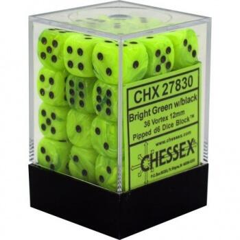 Chessex 12 mm Dice Block – Vortex, Lys Grøn med Sort er et sæt næsten neongrønne terninger