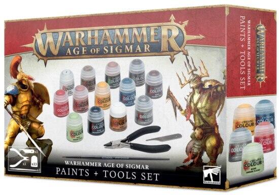 Warhammer Age of Sigmar: Paint + Tools Set giver dig alle malinger du skal bruge til at gøre dine Stormcast Eternals og Kruleboyz klar til bordet