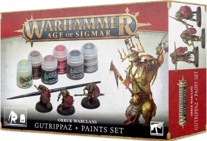 Orruk Warclans Gutrippaz + Paints Set indeholder de vigtigste farver til at male en Kruleboyz hær i Warhammer Age of Sigmar