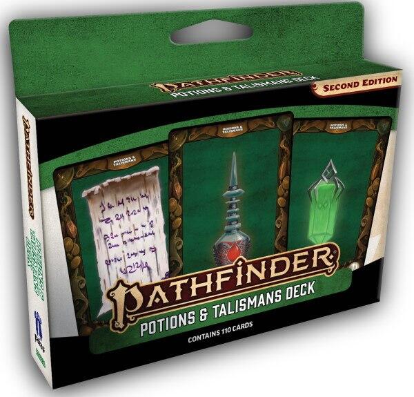Potions and Talismans Deck til Pathfinder 2nd Ed. giver spillere og GMs kort med information om alle forbrugsbare genstande fra Core Rulebook