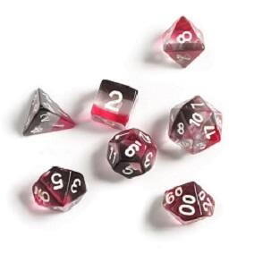 Pink, Clear, Black Rollespilsterninger er et Dice Set fra Sirius Dice, der indeholder 8 terninger