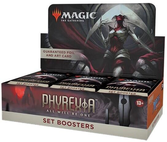 Phyrexia: All Will Be One Set Booster Box indeholder 30 Phyrexia: All Will Be One Set Boosters. Hver sætbooster indeholder 12 Magic-kort, 1 kunstkort og 1 token/reklamekort eller kort fra "The List" (et særligt kort fra Magic's historie eller Universes Within-kort, der findes i 25 % af pakkerne).