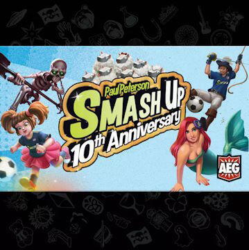 Smash Up 10th Anniversary edition fejrer Smash Up med 4 nye fraktioner: Mermaids, Skeletons og World Champs samt helt nye Titans