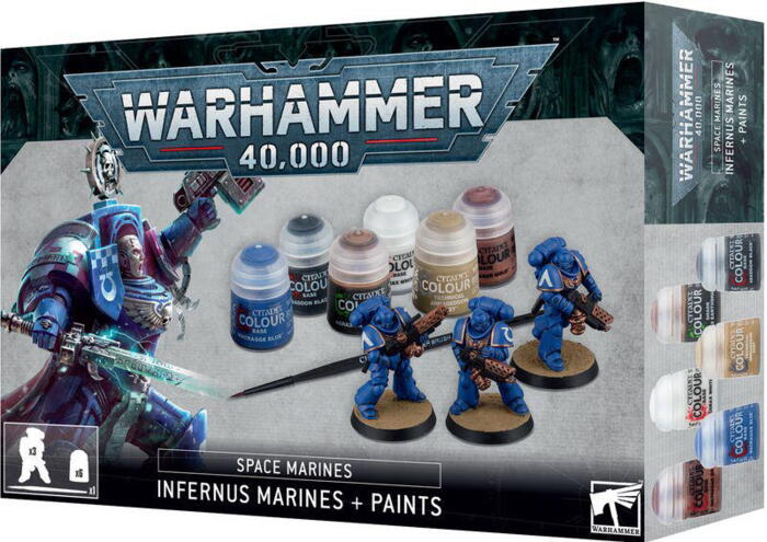 Infernus Marines + Paints Set indeholder tre figurer og seks malinger, og giver dig en god start på at male Ultramarines til Warhammer 40.000