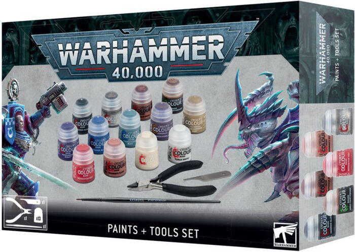 Warhammer 40.000: Paints + Tools Set indeholder de grundlæggende malinger og værktøjer der skal bruges til Ultramarines og Tyranids fra Hivefleet Leviathan