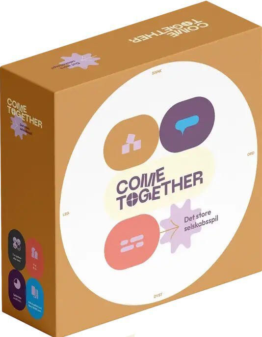 Come Together er et hyggeligt brætspil, hvor man udfordr hinanden til forskellige lege. Spillet er designet til at give en kreativt, kommunikativt og kooperativt udfordrende oplevelse, som kan give aftenen underholdning og kulør.