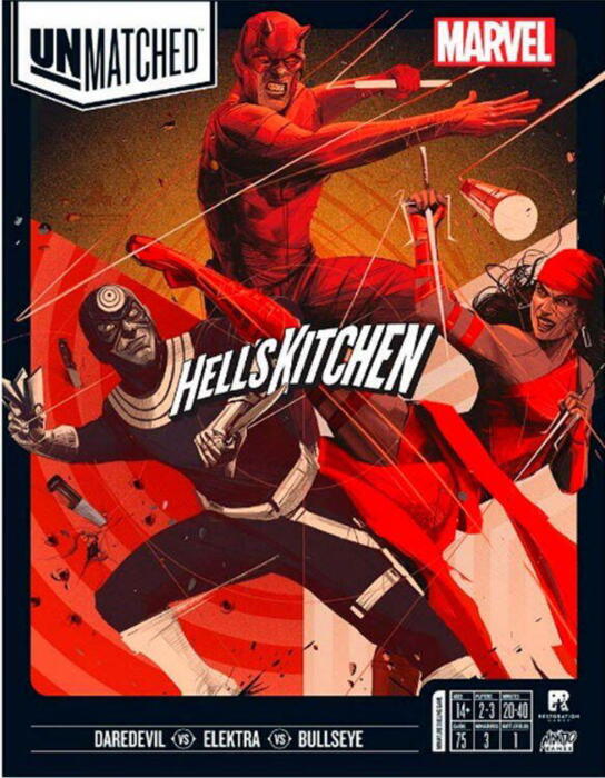 Unmatched: Hell's Kitchen er et taktisk miniature kampspil, som indeholder tre marvel-karakterer: Daredevil, Elektra og Bullseye. Hver karakter hører sammen med et unikt deck, som repræsenterer deres evner og legende.