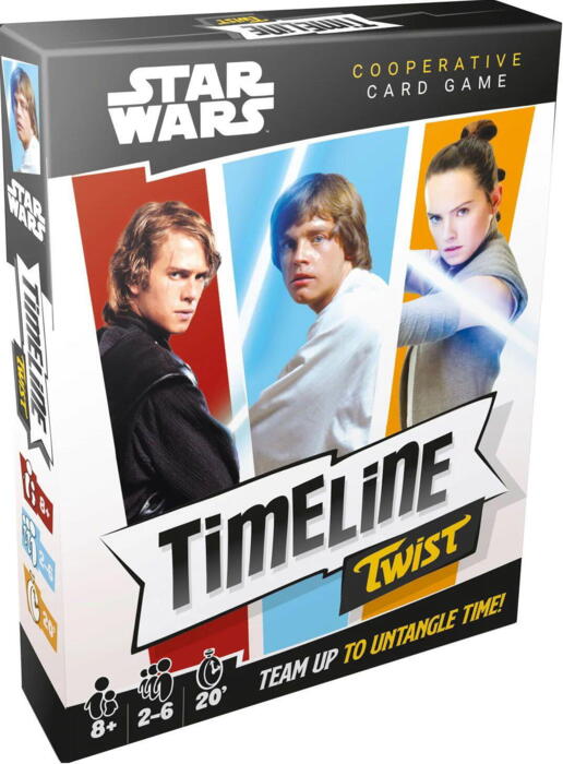 Timeline Twist er et kooperativt brætspil, som går ud på at komme af med sine kort hurtigst muligt ved at planlægge og koordinere sammen. Ligesom i Timeline Twist skal i lægge begivenhederne i den rigtige rækkefølge, men her er begivenhederne fra Star Wars filmene. Så hvornår døde Palpatine egentlig? Hvornår fik hvem skåret sin hånd af?