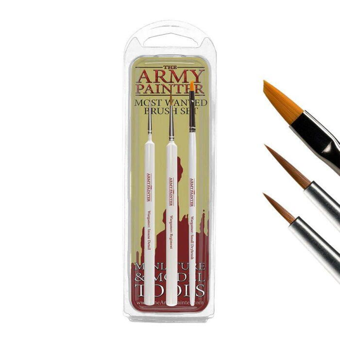 Most Wanted Brush Set fra the Army Painter, indeholder tre pensler, der giver dig de vigtigste værktøjer til din figurmaling