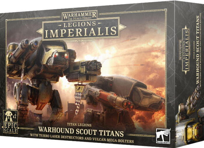 Warhound Scout Titans with Turbo-Laser Destructors and Vulcan Mega-Bolters indeholder to Scout Titans til Adeptus Titanicus eller Legions Imperialis