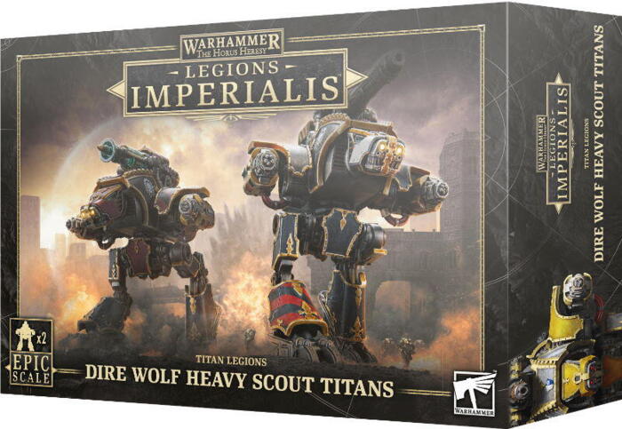 Dire Wolf Heavy Scout Titans kan både bruges i Legions Imperialis og Adeptus Titanicus