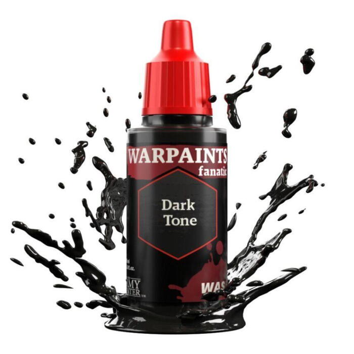 Warpaints Fanatic Wash: Dark Tone fra the Army Painter skaber skygger på f.eks. rollespilsfigurer og figurspil som Warhammer