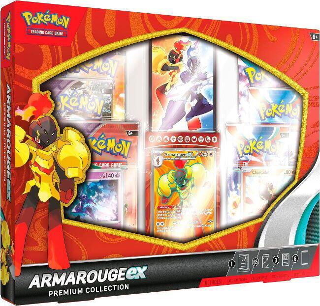 Armarouge ex's styrke og ildkraft lyser i Pokémon TCG: Armarouge ex Premium Collection med ætset foliepromokort og bonuskort