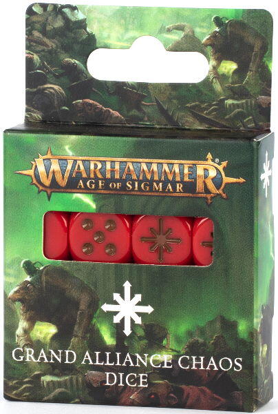 Terningesæt til Warhammer Age of Sigmar med kaosstjerne-ikon og rød farve