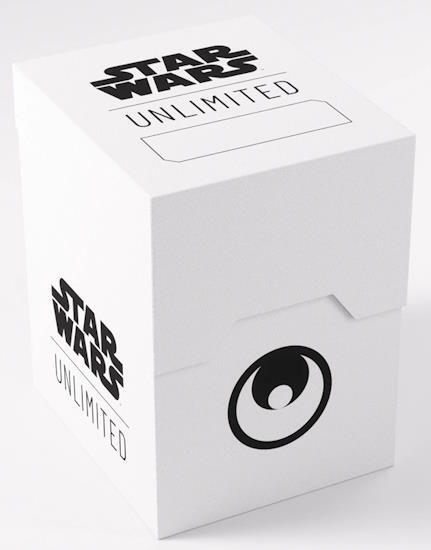 Denne deckbox er stilrent i hvidt med sort ikonografi, der repræsenterer Heroism i Star Wars: Unlimited-spillet.