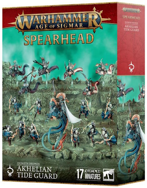Et udvalg af vigtige Idoneth Deepkin til Spearhead-spil, herunder seks eliteridende kavalerister, en stærk Akhelian King til hest og en enhed af hurtige bueskytter