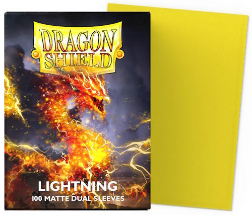 Få 100 stk. Matte Dual Sleeves fra Dragon Shield, med en elektrisk gul farve