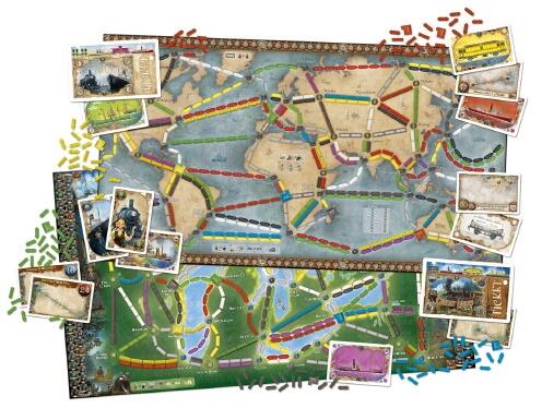 Verdens kortet og The great lakes på brættet i Ticket to Ride: Rails & Sails på Engelsk