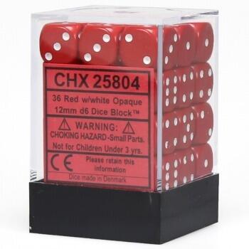 Chessex 12mm Seks-sidede Terninger - Rød med Hvid - et sæt af 36 terninger der er oplagte som counters