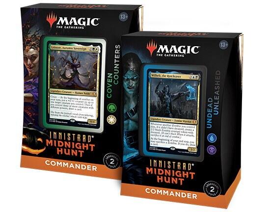 Innistrad: Midnight Hunt Commander Deck til Magic: The Gathering kommer i to forskellige udgaver, Undead Unleashed og Coven Counters