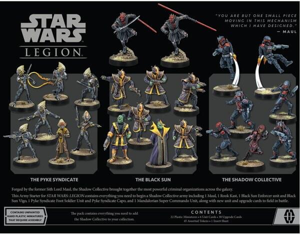 Bagsiden af kassen til Shadow Collective Starter Set, viser tydeligt hvilke Star Wars: Legion karakterer bokssættet indeholder