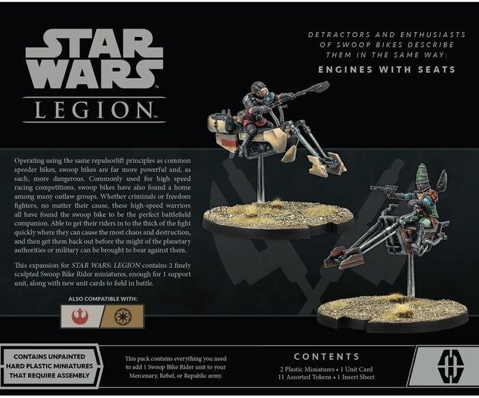 Bagsiden af kasssen til Swoop Bike Riders Unit Expansion viser indholdet af denne Star Wars: Legion udvidelse