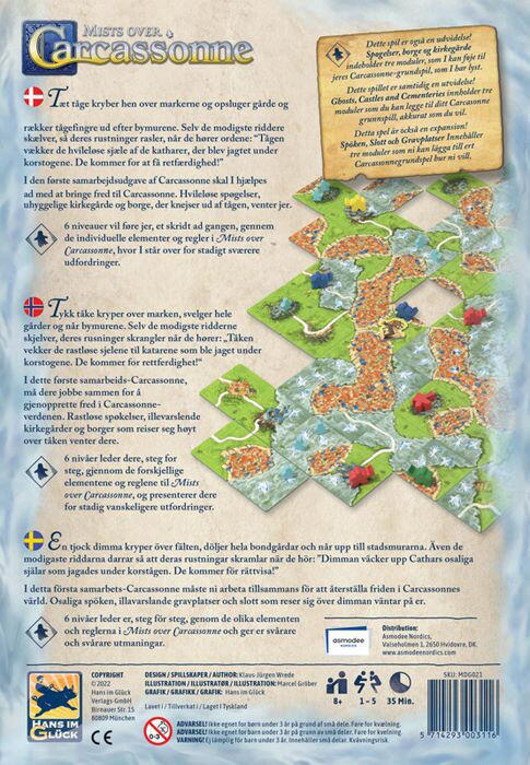 Bagsiden af Mists over Carcassonne (Nordisk) viser indhold og introducerer til spillet
