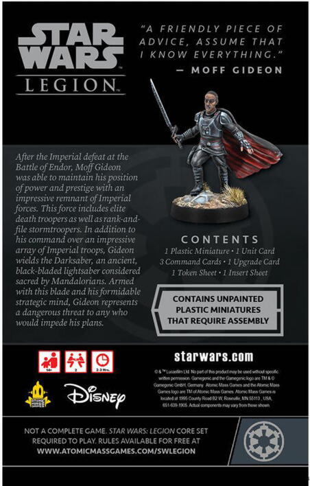 Bagsiden af kassen Moff Gideon Commander Expansion viser indhold et malet eksempel af figuren