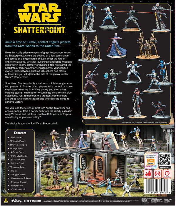 Bagsiden af æsken til Star Wars: Shatterpoint Core Set giver et klar overblik over hvad boksen inkluderer