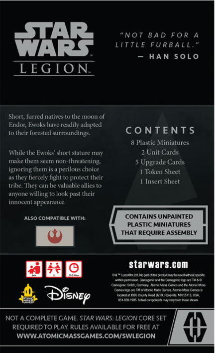 Bagsiden af Ewok Warriors Unit Expansion, beskriver indholdet i denne Star Wars: Legion udvidelse