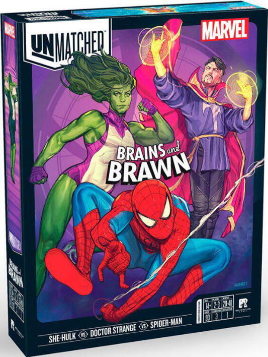 Unmatched: Brains and Brawn er et assymetrisk, taktisk kampspil, som er centreret omkring Spiderman, She-Hulk og Doctor Strange. Spillet indeholder 3 unikke deck, som hvert er tilknyttet sin helt og indeholder kort der afspejler heltenes evner.
