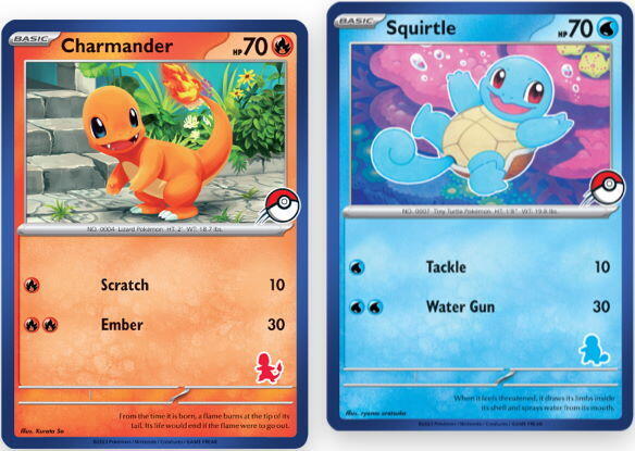 Charmander og Squirtle kort som kan fås i Pokémon My First Battle
