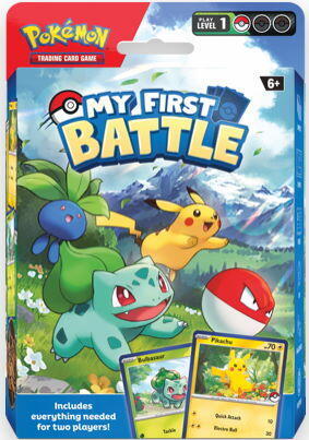 Pokémon My First Battle Box med Pikachu og Bulbasaur til nybegyndere der vil lære at spille Pokémon kortspillet.