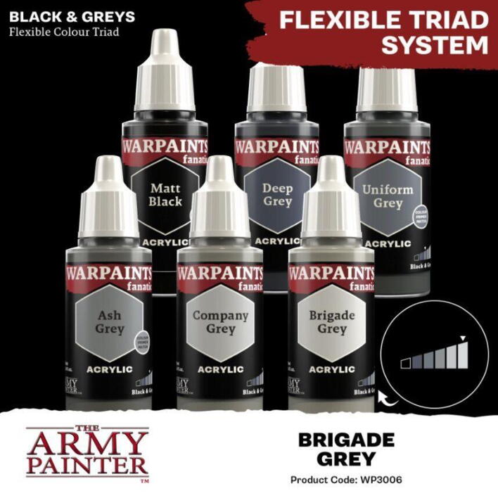 Warpaints Fanatic: Brigade Grey fra the Army Painter er den lyseste farve i balck-grey favetriaden