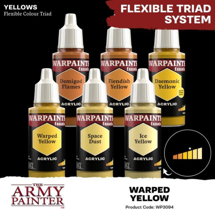 Warpaints Fanatic: Warped Yellow er en mellemtone i "yellows"-farvetriaden fra the Army Painter