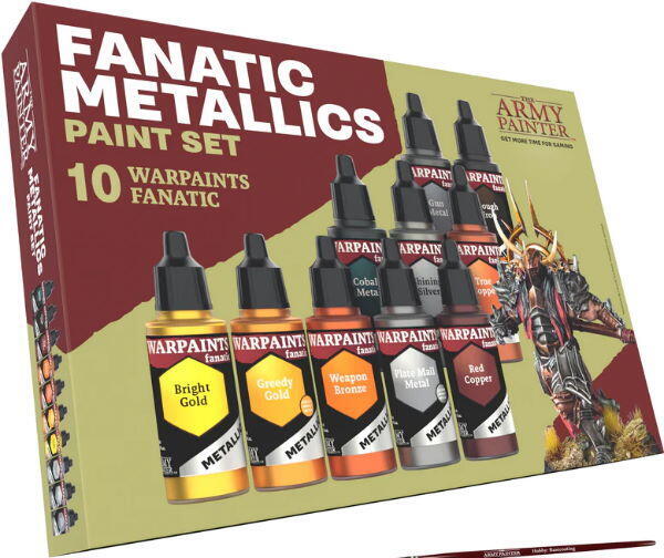Warpaints Fanatic: Metallics Set indeholder et udvalg af forskellige metalliske malinger til rollespilsfigurer og figurspil som Warhammer