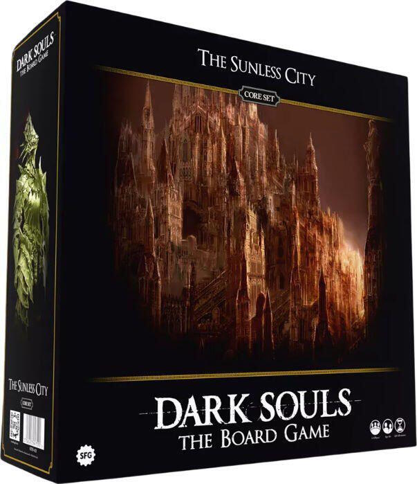 Udforsk Den Solbeskinnede By, kæmp mod frygtindgydende fjender og samarbejd for at overleve i Dark Souls: The Board Game – The Sunless City Core Set.