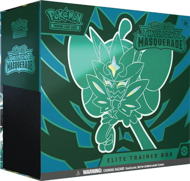 Scarlet & Violet: Twilight Masquerade Elite Trainer Box indeholder 9 booster packs, et promo kort med Teal Mask Ogerpon, sleeves, energikort, terninger, en players guide, condition markers, en opbevaringskasse og et kodekort til Pokémon TCG Online.