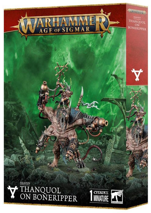 En Thanquol Skaven-troldmand, som rider på en kolossal Rat Ogor