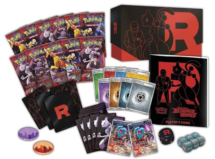 Her kan du se indholdet af pakken - BEMÆRK: Billedet er vejledende, og viser en variant af produktet der har 2 yderligere boosterpakker og 1 ekstra promo-kort.