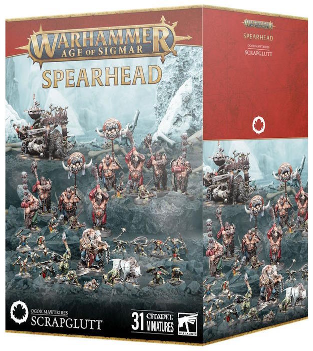 Et udvalg af 31 plastikminiaturer til Warhammer Age of Sigmar, der udgør en komplet Ogor Mawtribes Spearhead-styrke