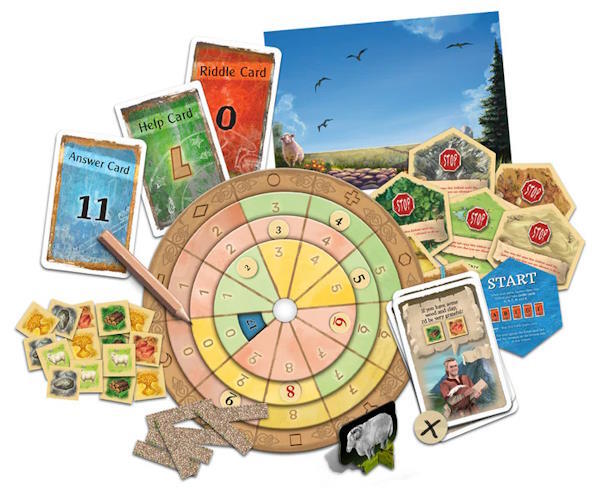 Her ses indholdet af kort, brikker, afkodningsskive og mere.