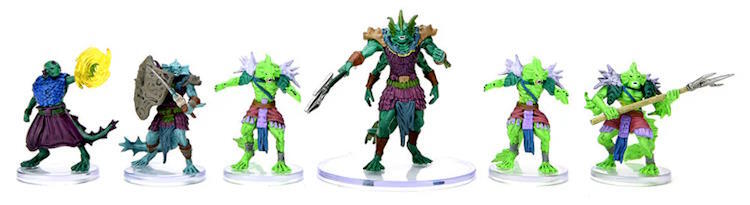 En formalet pakke af Sahuagin, samlet til et Warband. Centralt er Sahuagin-baronen, hvis magt afspejles i hans størrelse.